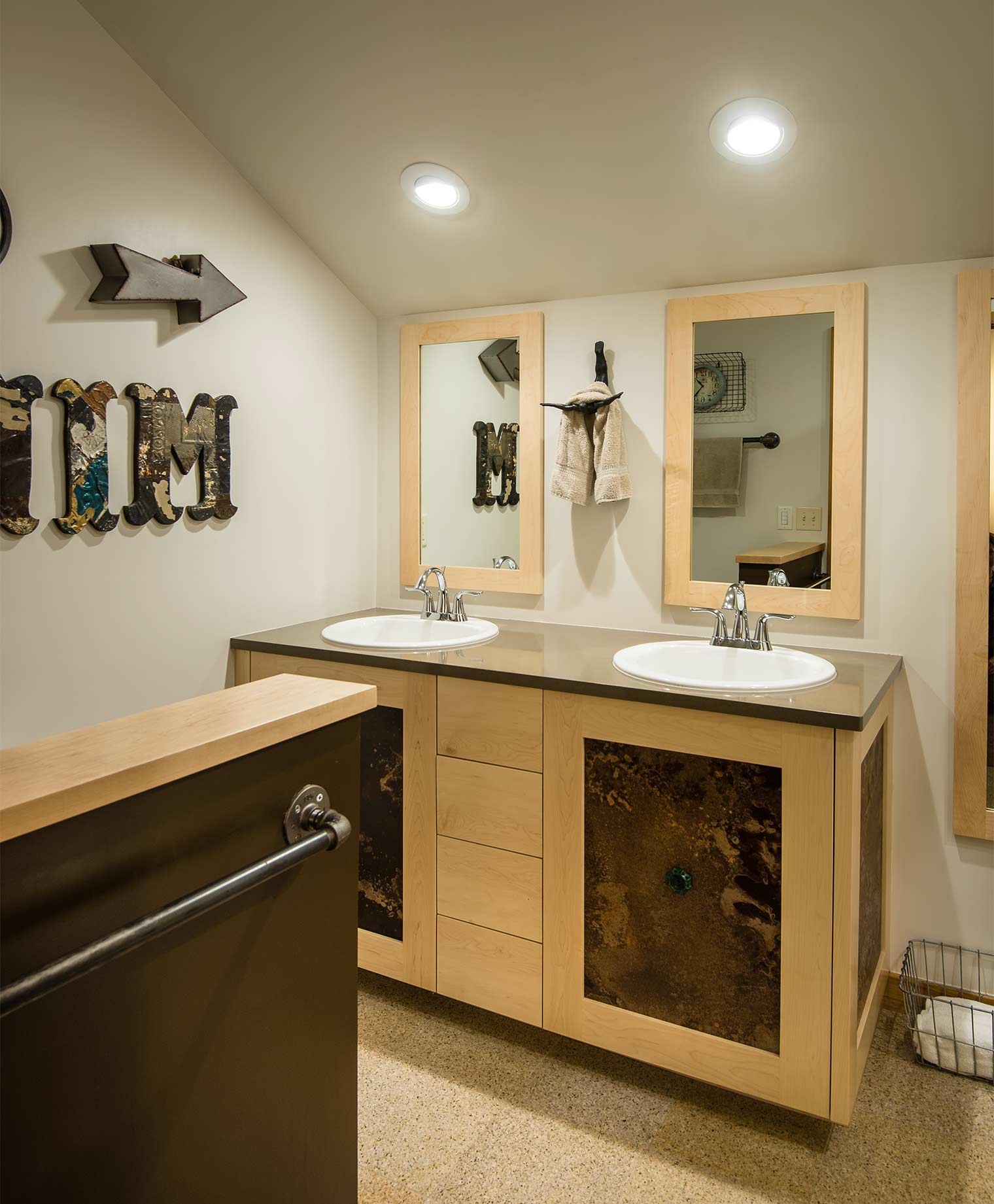 double vanity maple and steel refaced cabinets in Johnston bathroom by remodeler Silent Rivers