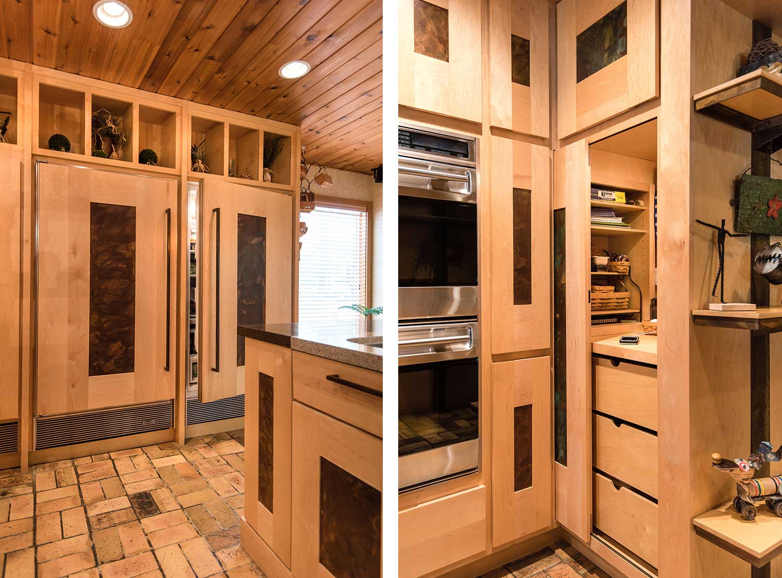 Sub-Zero refrigerator and freezers with custom maple and steel panels, sliding pocket door cabinets serves as family message center in Johnston kitchen remodeled by Silent Rivers