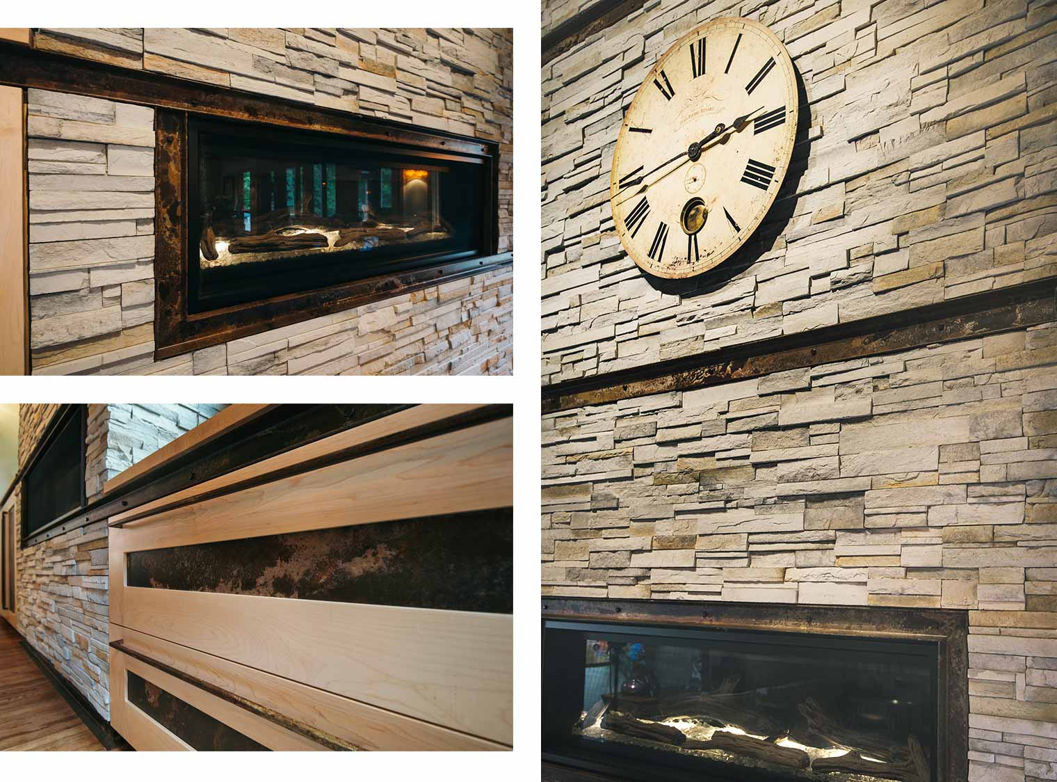 collage of cultured stone gas fireplace with steel channel inlays flanked by maple and steel inlay custom cabinets in Johnston great room by remodeler Silent Rivers