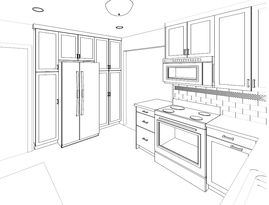 3D rendering of Des Moines Beaverdale kitchen remodel by Silent Rivers replaces bulkhead with cabinets and adds pantry around fridge