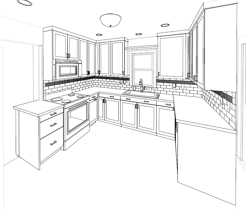 3D rendering of Des Moines Beaverdale kitchen remodel by Silent Rivers replaces bulkhead with cabinets