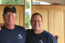 Lead artisans Kevin Jepson and John Miller during setup of the 2017 Des Moines Arts Festival Silent Rivers Hospitality Suites