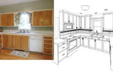 before photo and 3D rendering of Beaverdale kitchen remodel by Silent Rivers