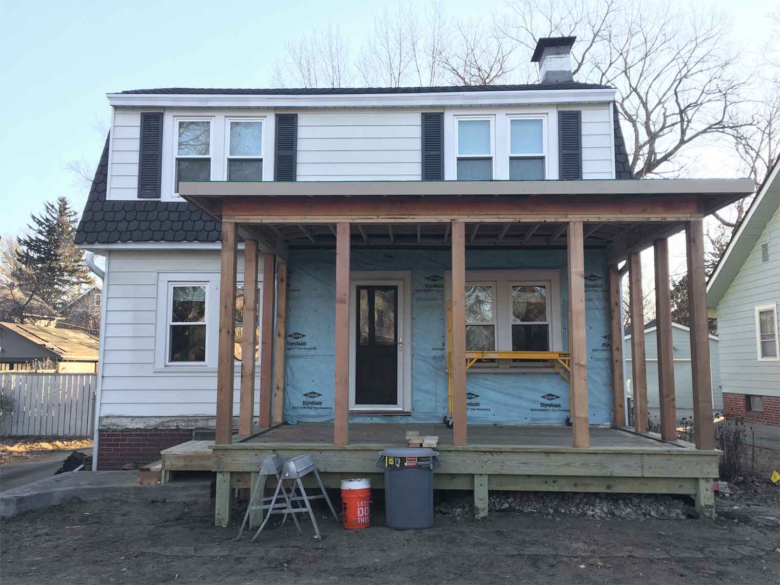in progress photo of construction on new front porch on Des Moines home by remodeler Silent Rivers