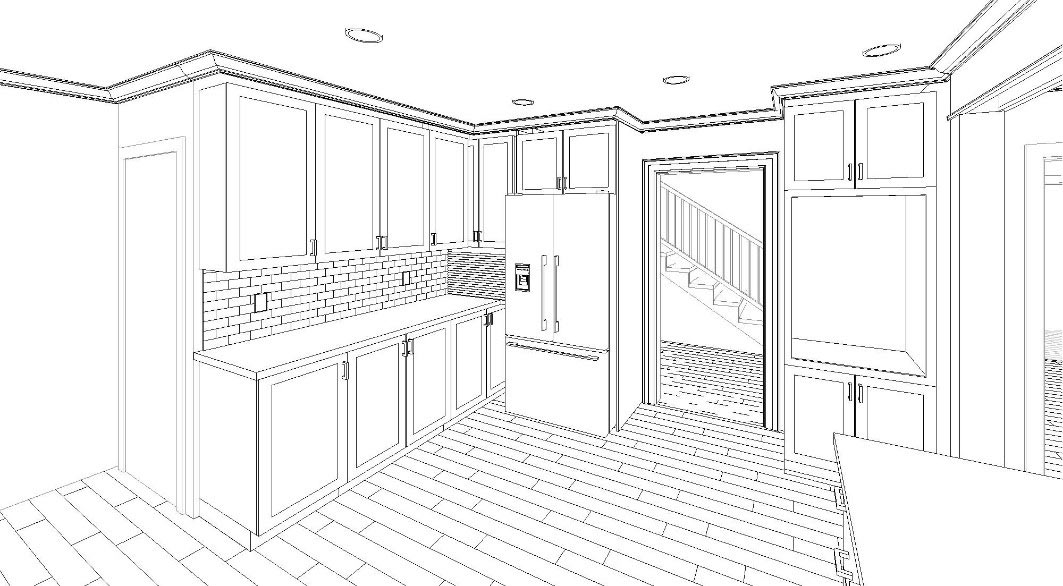 3D rendering of kitchen remodel of Des Moines tudor house by Silent Rivers