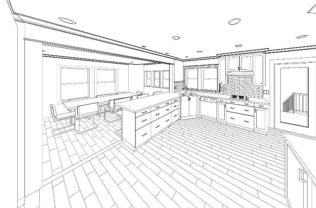 3D rendering of kitchen remodel of Des Moines tudor house by designer remodeler Silent Rivers