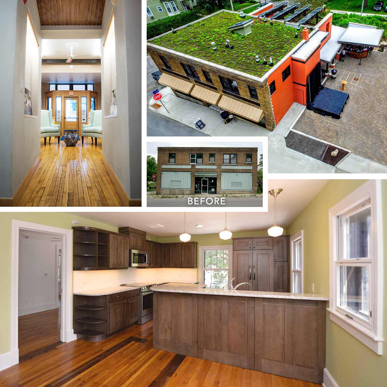 Silent Rivers projects 2017_Green & Main building sustainable remodel historic renovation with living green roof and salvaged hardwood floors
