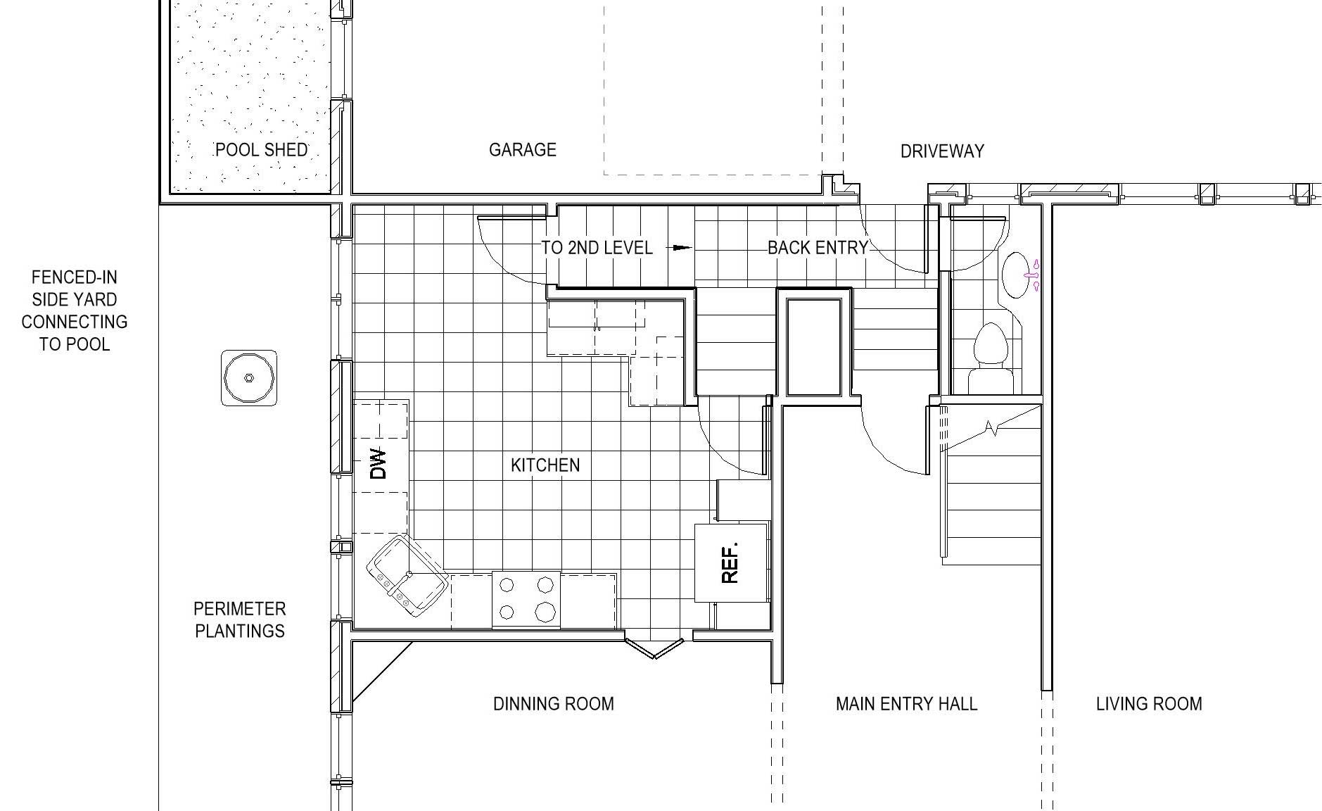 before floor plan of Des Moines tudor house with no access from back entry kitchen area to backyard pool