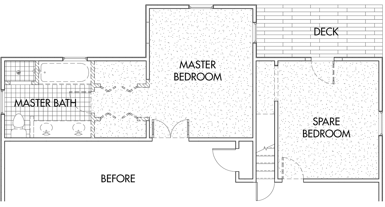 before floor plan of master bedroom and bathroom with adjacent spare room that can be reworked into a new master suite