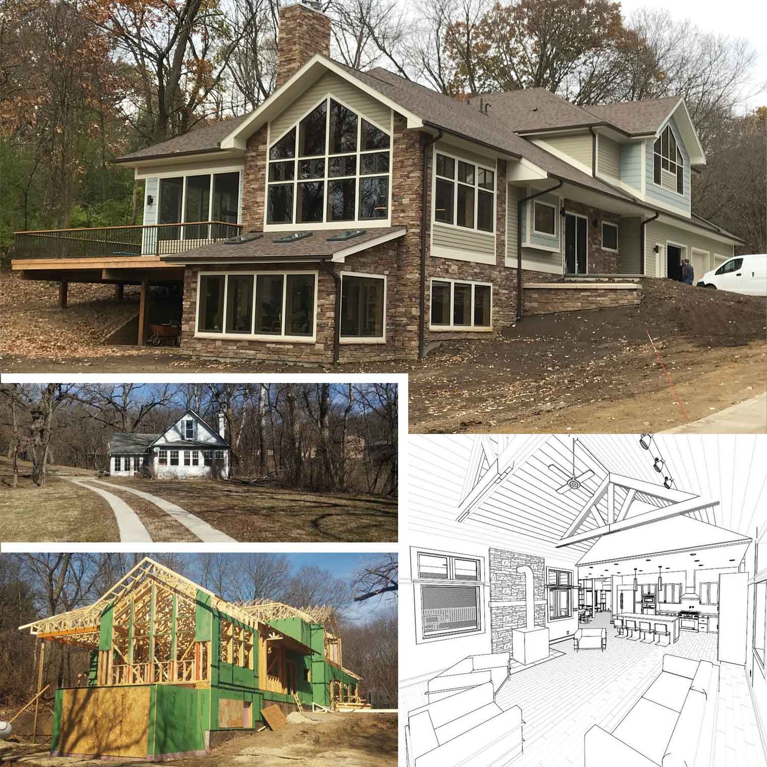 Silent Rivers projects 2017_collage of progress photos on custom new home by home designer builder Silent Rivers in Des Moines