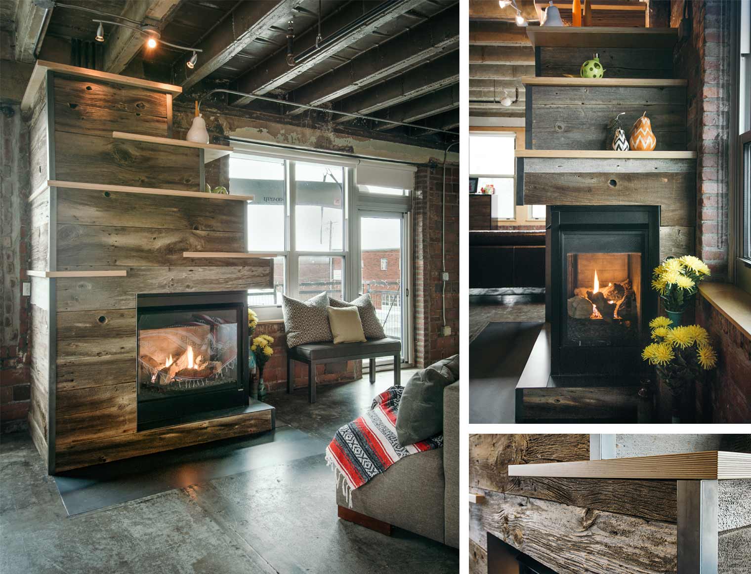 barn wood and raw steel fireplace in downtown Des Moines loft by Silent Rivers