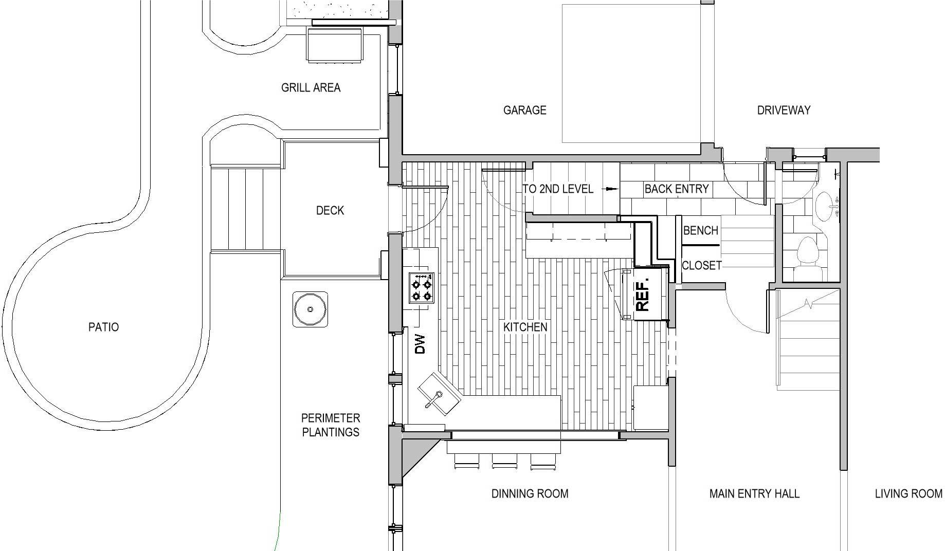 redesigned floor plan to remodel Des Moines tudor house kitchen, dining room, back entry and patio with access to pool by Silent Rivers