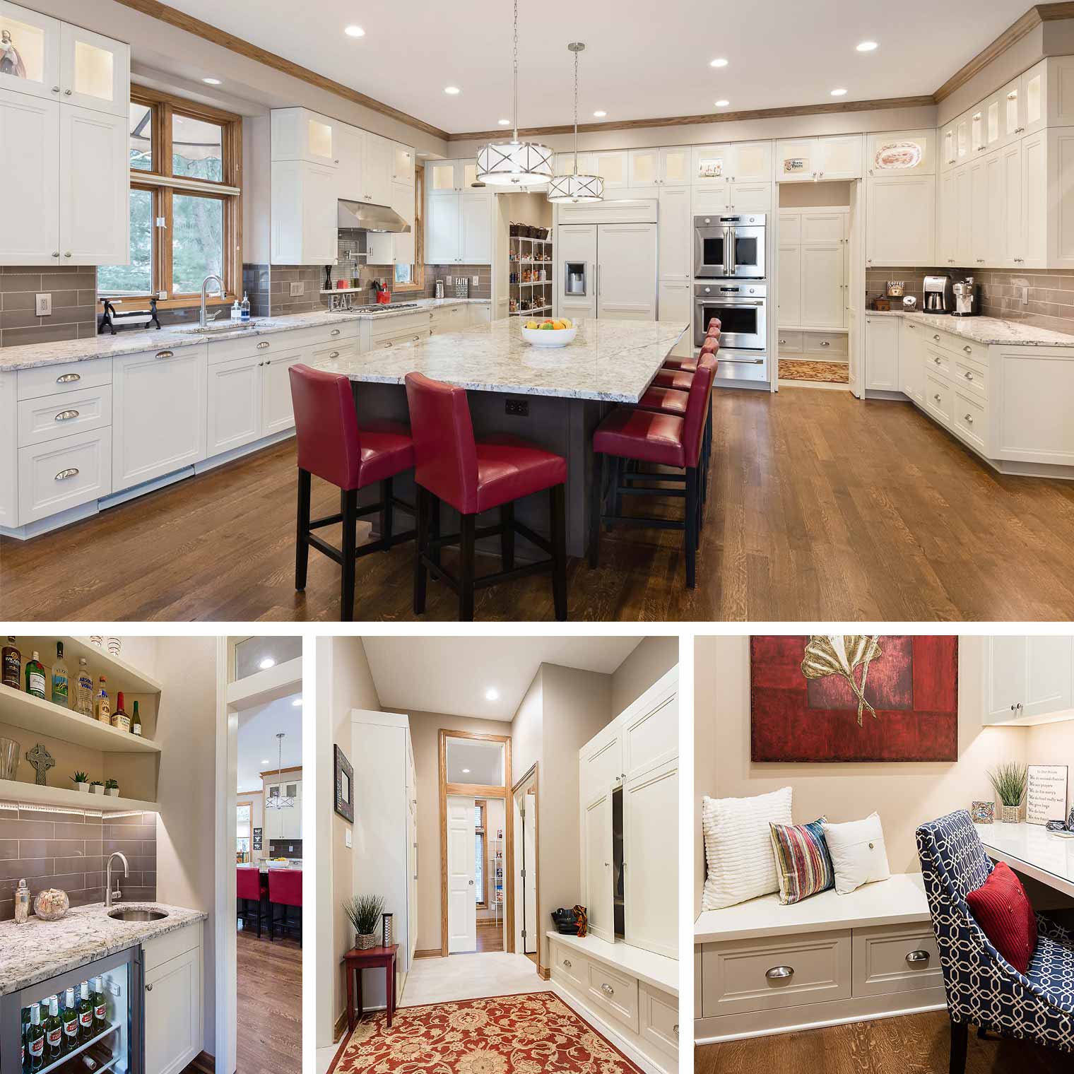 Silent Rivers projects 2017_white traditional kitchen with large island with six red barstools, pantry, bar, butlers pantry, mudroom, drop zone, nook office remodel in West Des Moines by Silent Rivers