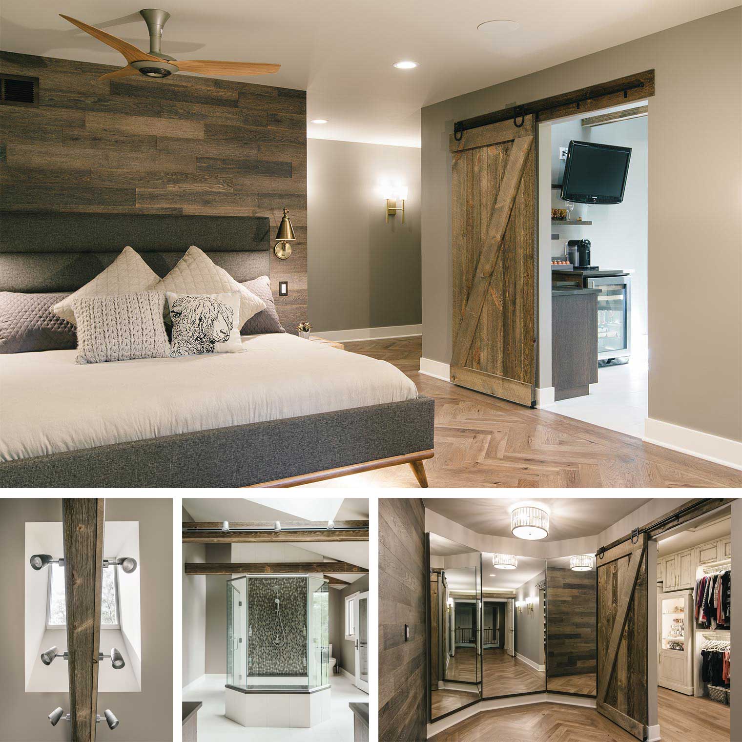 Silent Rivers projects 2017_master suite remodel by Silent Rivers with barn wood walls doors and beams, central shower, three way mirror, dressing room closet