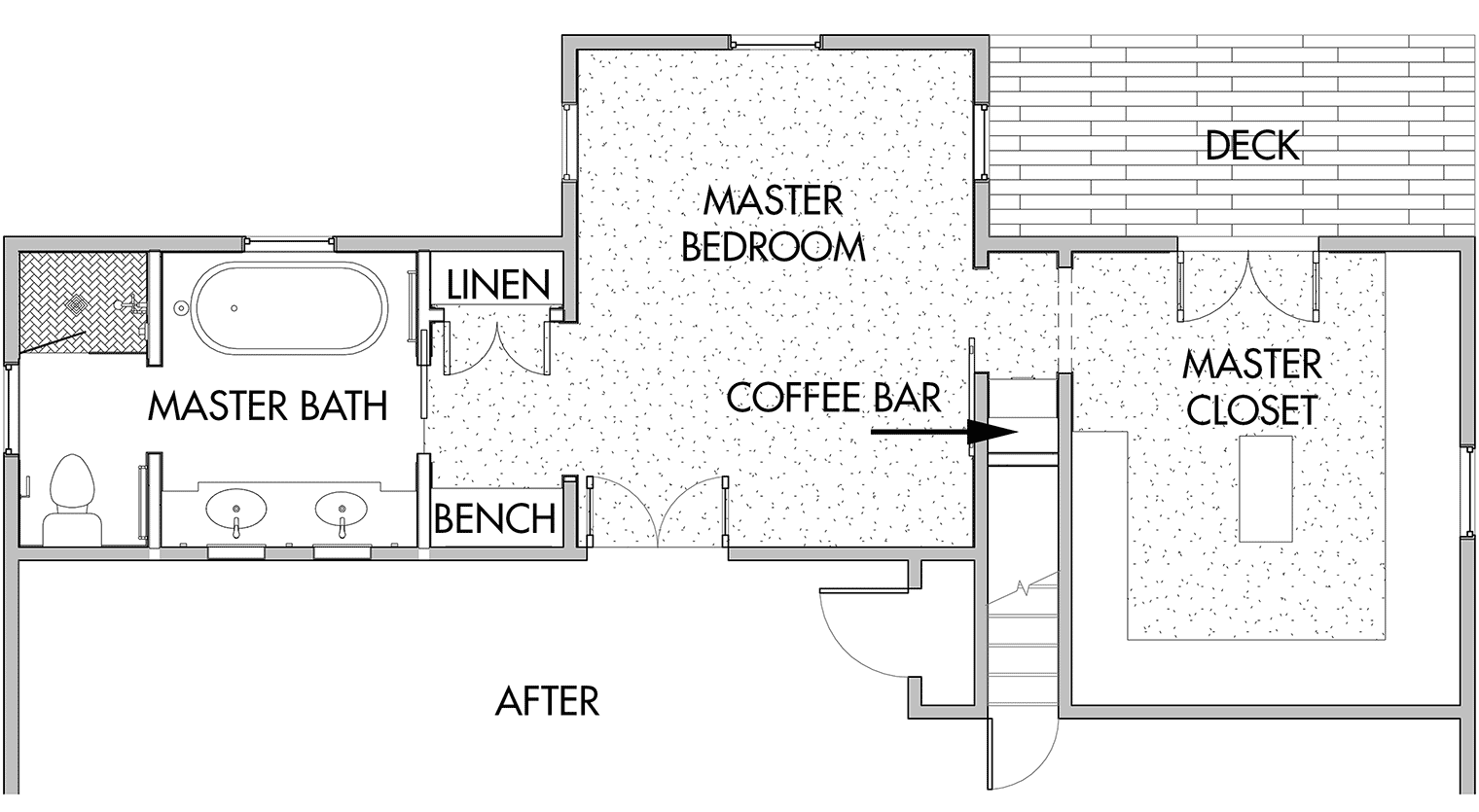 new floor plan to create master suite with coffee bar and deck access by utilizing former spare room