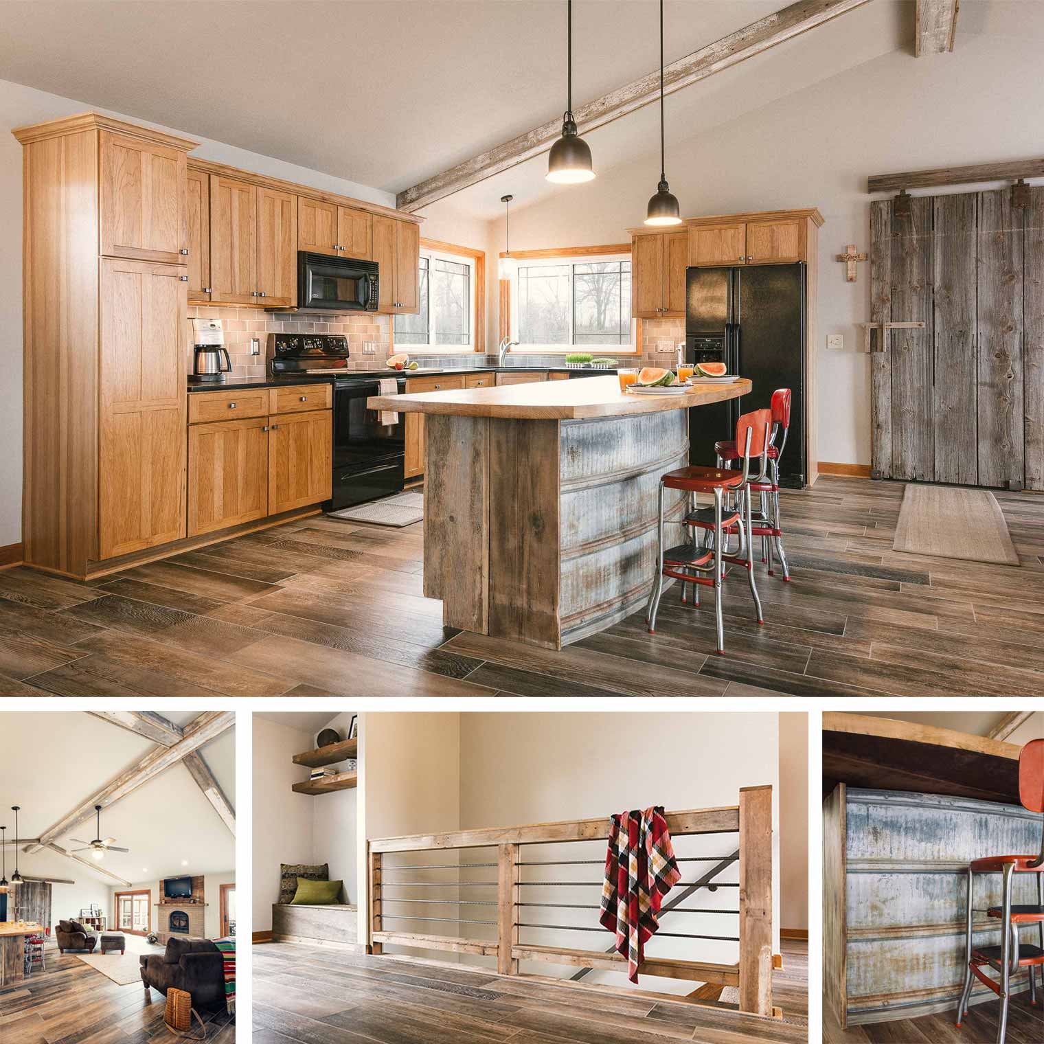 Silent Rivers projects 2017_modern rustic Iowa farmhouse kitchen, family room, steel railing, salvaged silo metal and barn wood remodel by Silent Rivers
