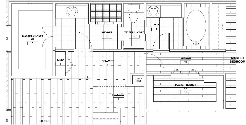 before floor plan of master bathroom shows cramped space and poor flow
