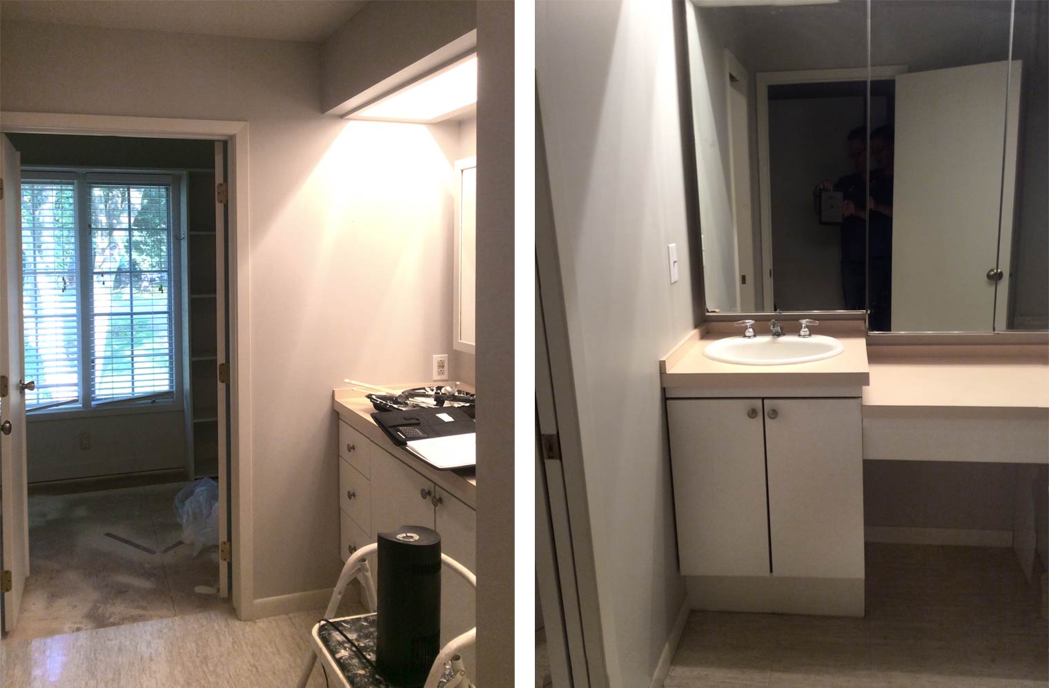 before photos of outdated cramped master bathroom