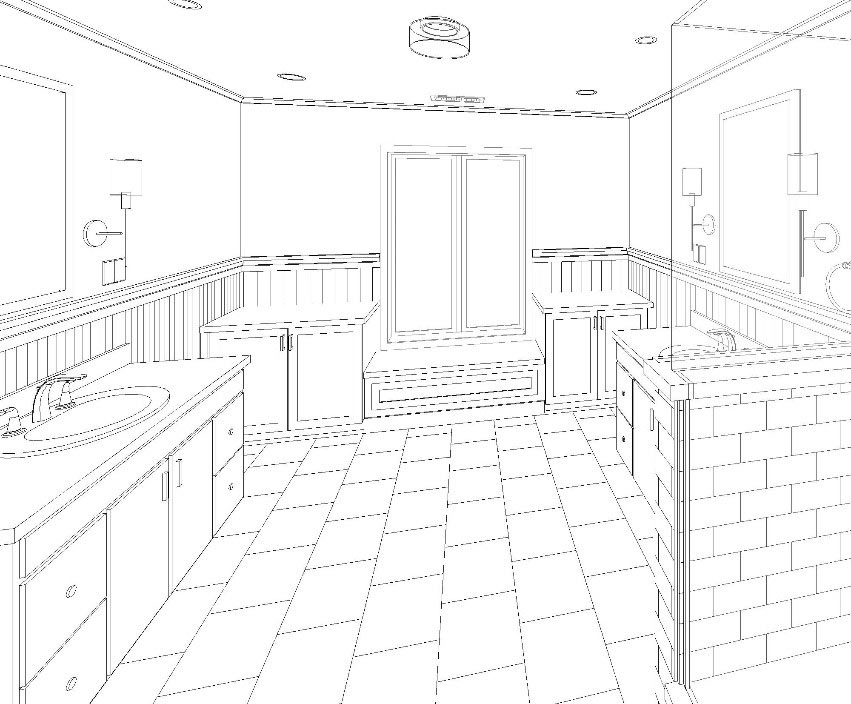 design plan rendering of master bathroom remodel with dual vanities in Des Moines by Silent Rivers