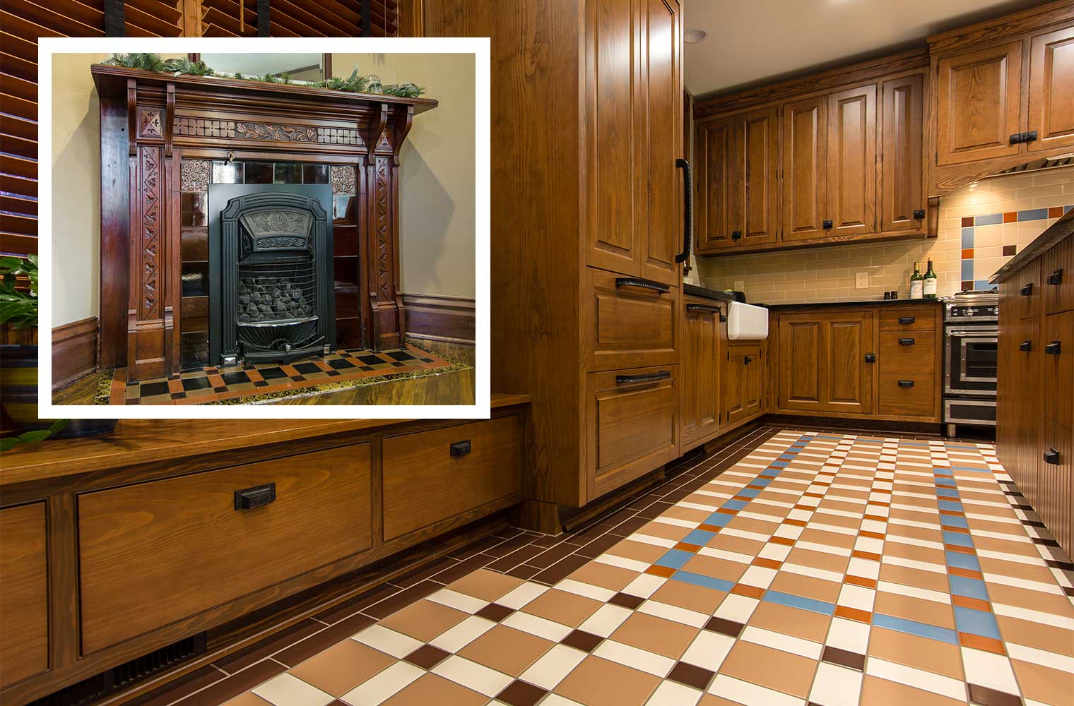 tile floor pattern in historic kitchen takes inspiration from fireplace in Victorian Des Moines home remodel by Silent Rivers