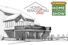 Home + Garden Show logo and Home & Remodeling Show logo with Silent Rivers design plan for curved deck and patio