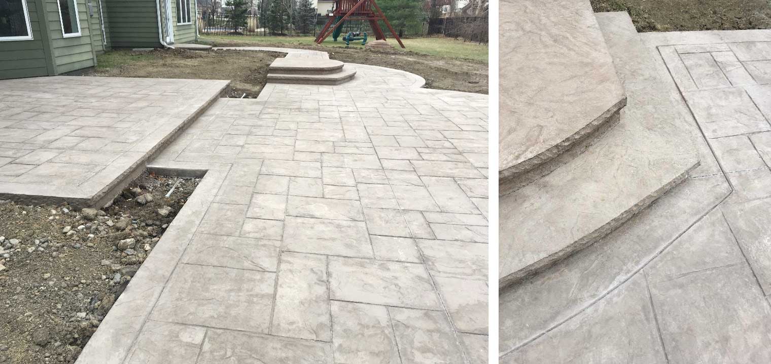 stamped concrete with chiseled edge is the patio for a backyard retreat designed and built by Silent Rivers in suburban Des Moines