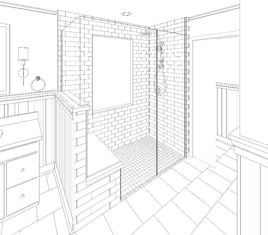 design plan rendering master bathroom tiled shower with bench Des Moines Silent Rivers