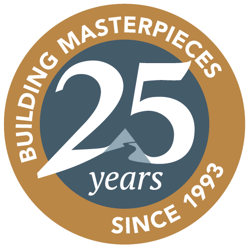 Silent Rivers Design+Build 25th logo, building masterpieces for 25 years, since 1993