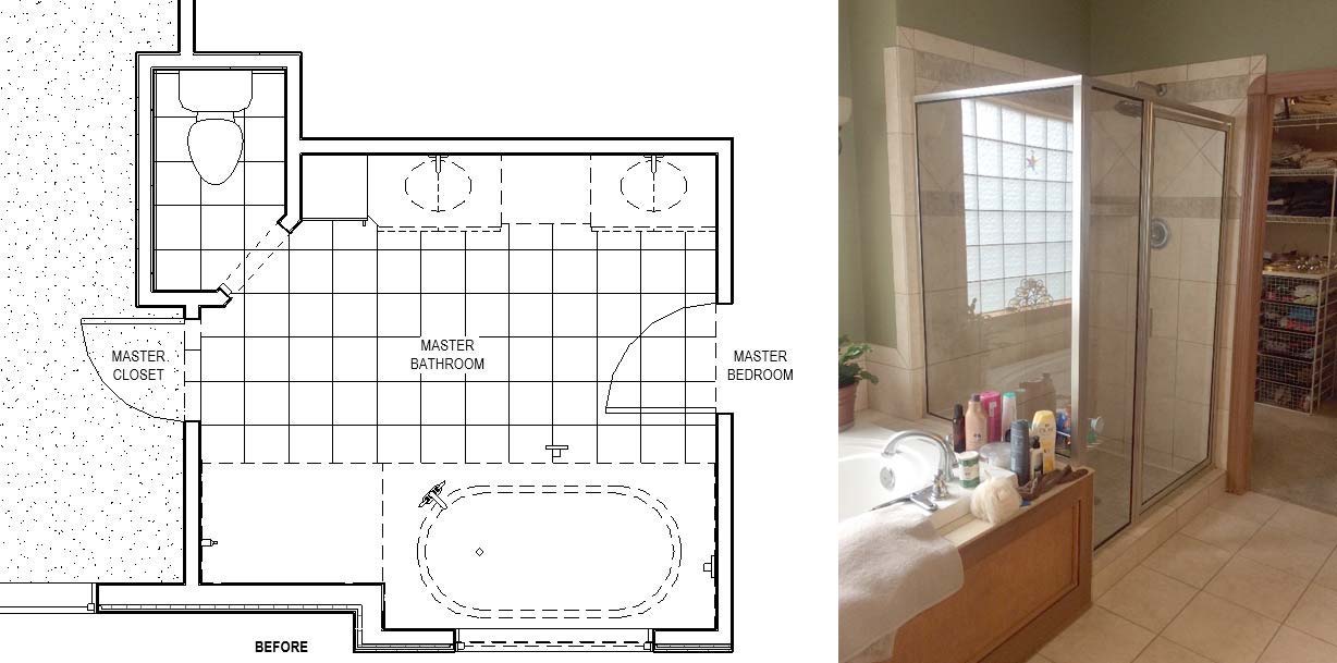 before floor plan for bathroom remodel shows large tub taking up too much space in Ankeny home