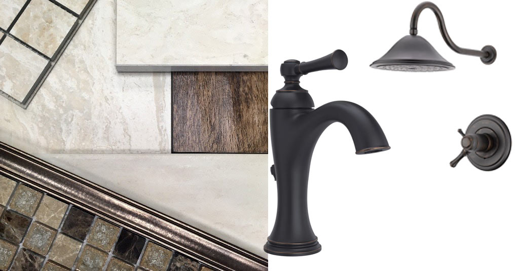 Bronze faucets, neutral tile, mosaic accent tile