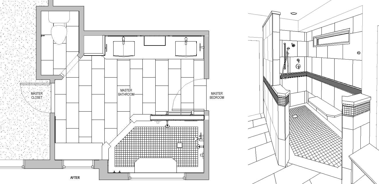 new floor plan and rendering for master bathroom remodel with large shower no tub in Ankeny, Silent Rivers