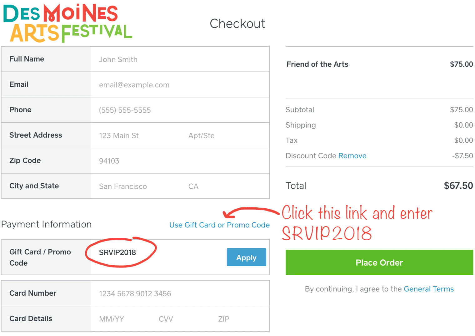 This screenshot shows where to enter the Silent Rivers promo code during the Des Moines Arts Festival online checkout process.