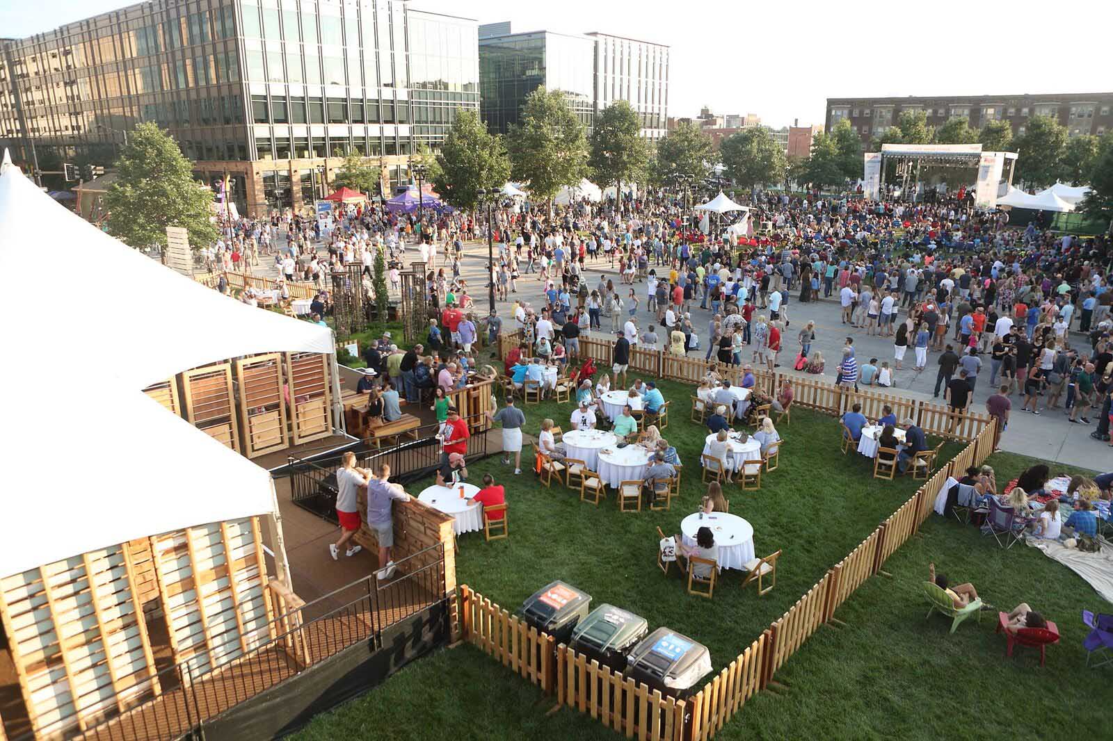 Aerial view of Silent Rivers VIP Club at 2018 Des Moines Arts Festival with sustainable materials
