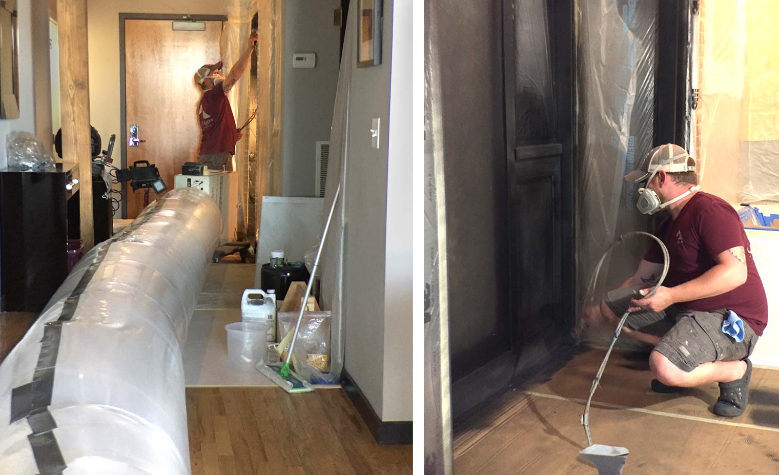 Alex Schlepphorst of Silent Rivers Design+Build in Des Moines applies finish during a home remodeling in Brown Camp Lofts while exhausting fumes out an air tube to protect home and air quality