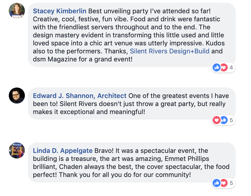 inspirational comments on Facebook about Silent Rivers 25th Anniversary and dsm Magazine Unveiling Party