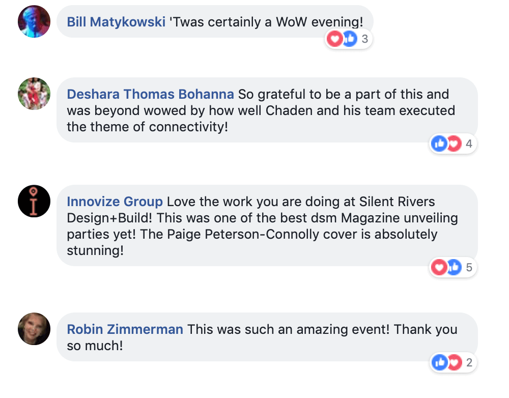 inspirational comments on Facebook about Silent Rivers 25th Anniversary and dsm Magazine Unveiling Party