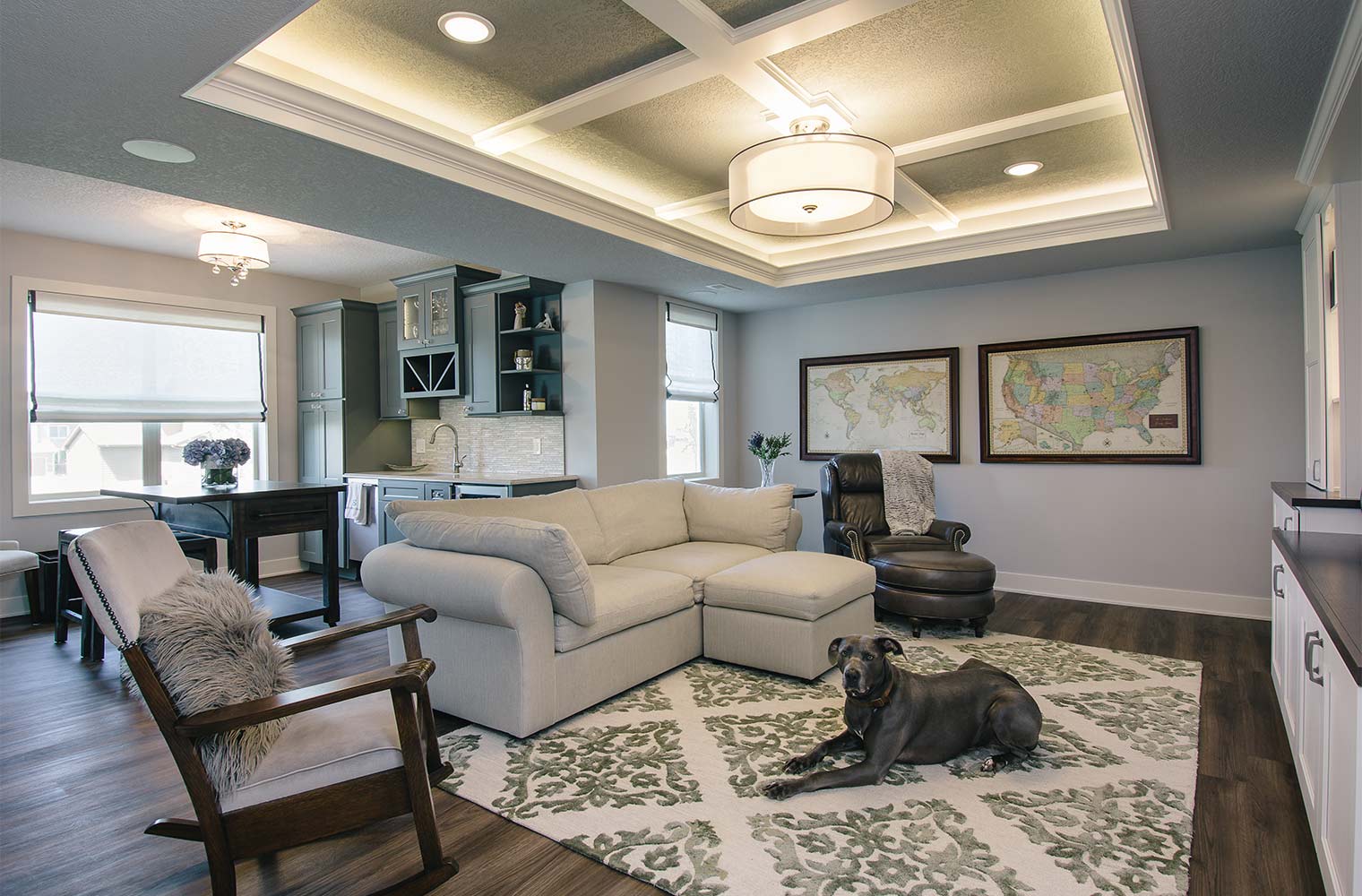 Clive IA basement remodel by Silent Rivers shows family dog enjoying the new family room
