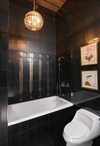 bathroom remodel downtown Des Moines loft by Silent Rivers glamorous black, white and gold