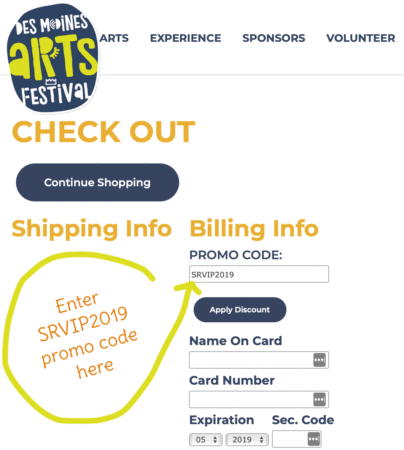 screenshot of checkout process on Des Moines Arts Festival website for entering Silent Rivers promo code
