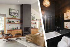 custom cabinet living room tall fireplace and black white gold bathroom