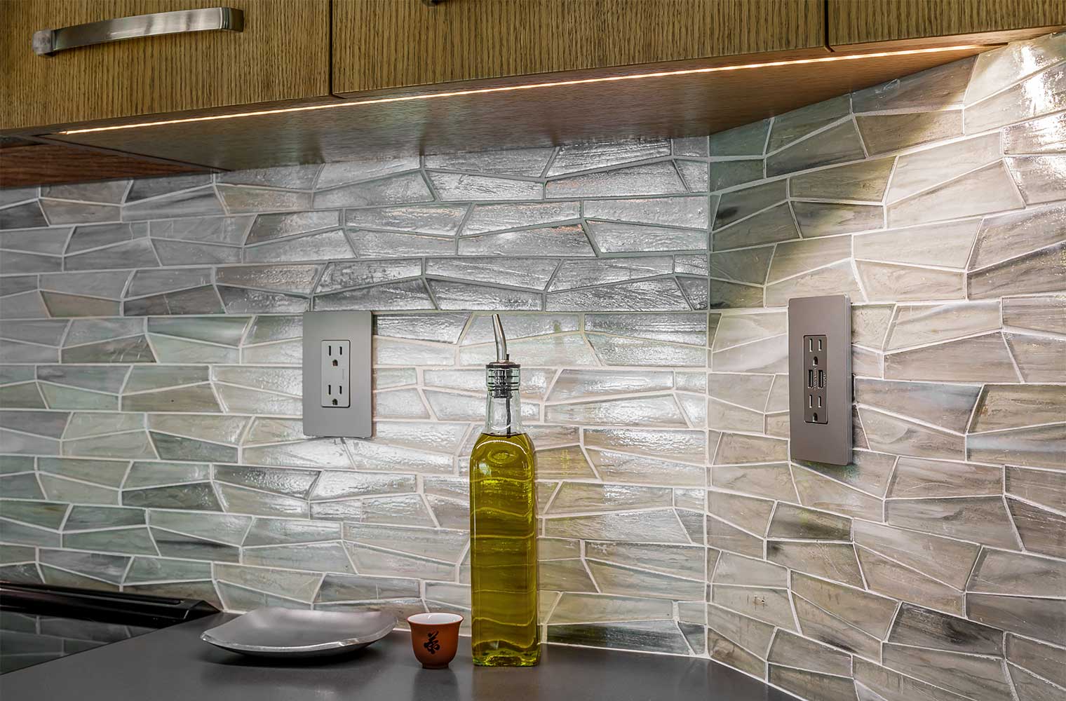recycled glass tile in kitchen remodel Des Moines