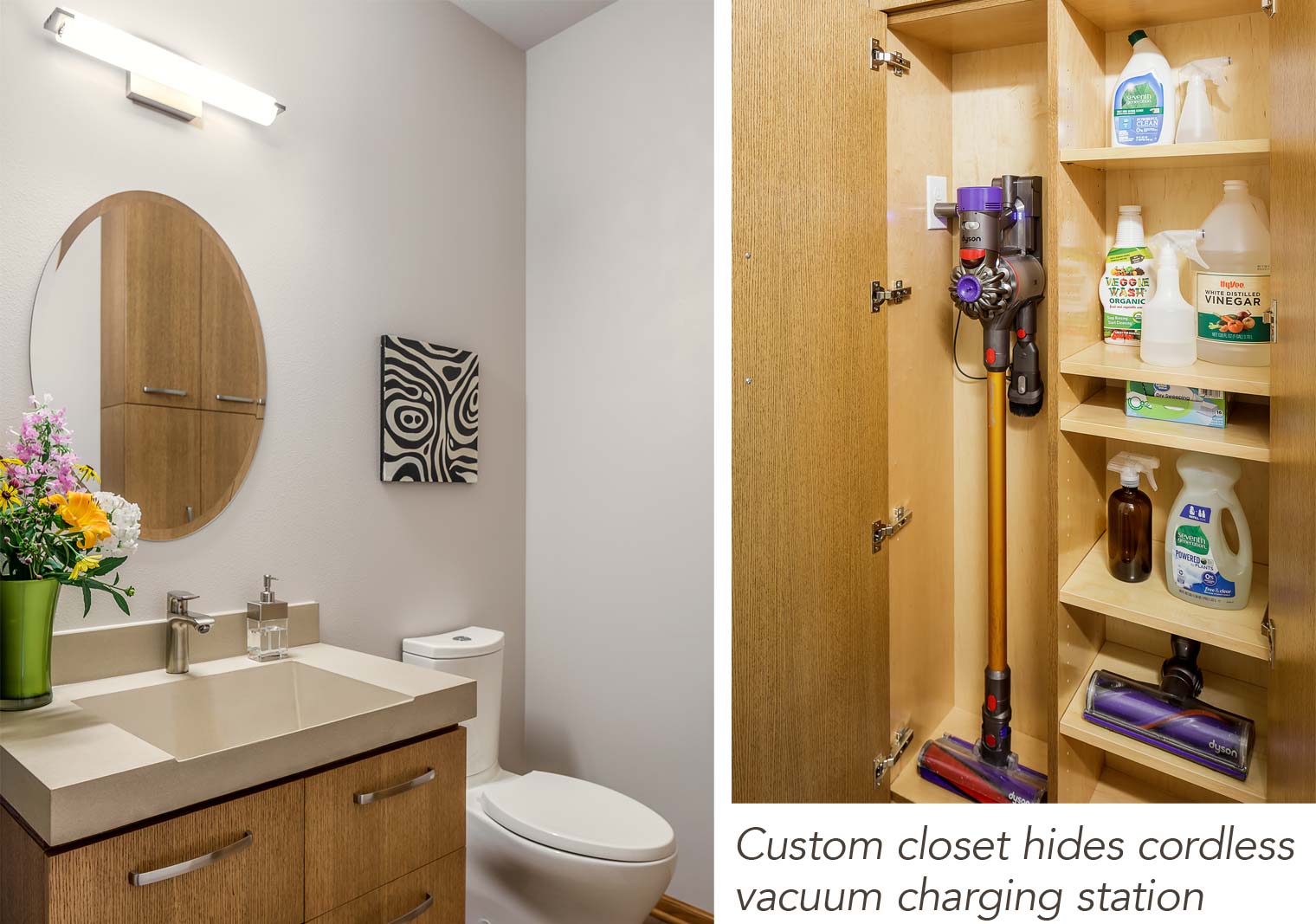 guest bathroom remodel with custom closet to hide cordless vacuum charging station