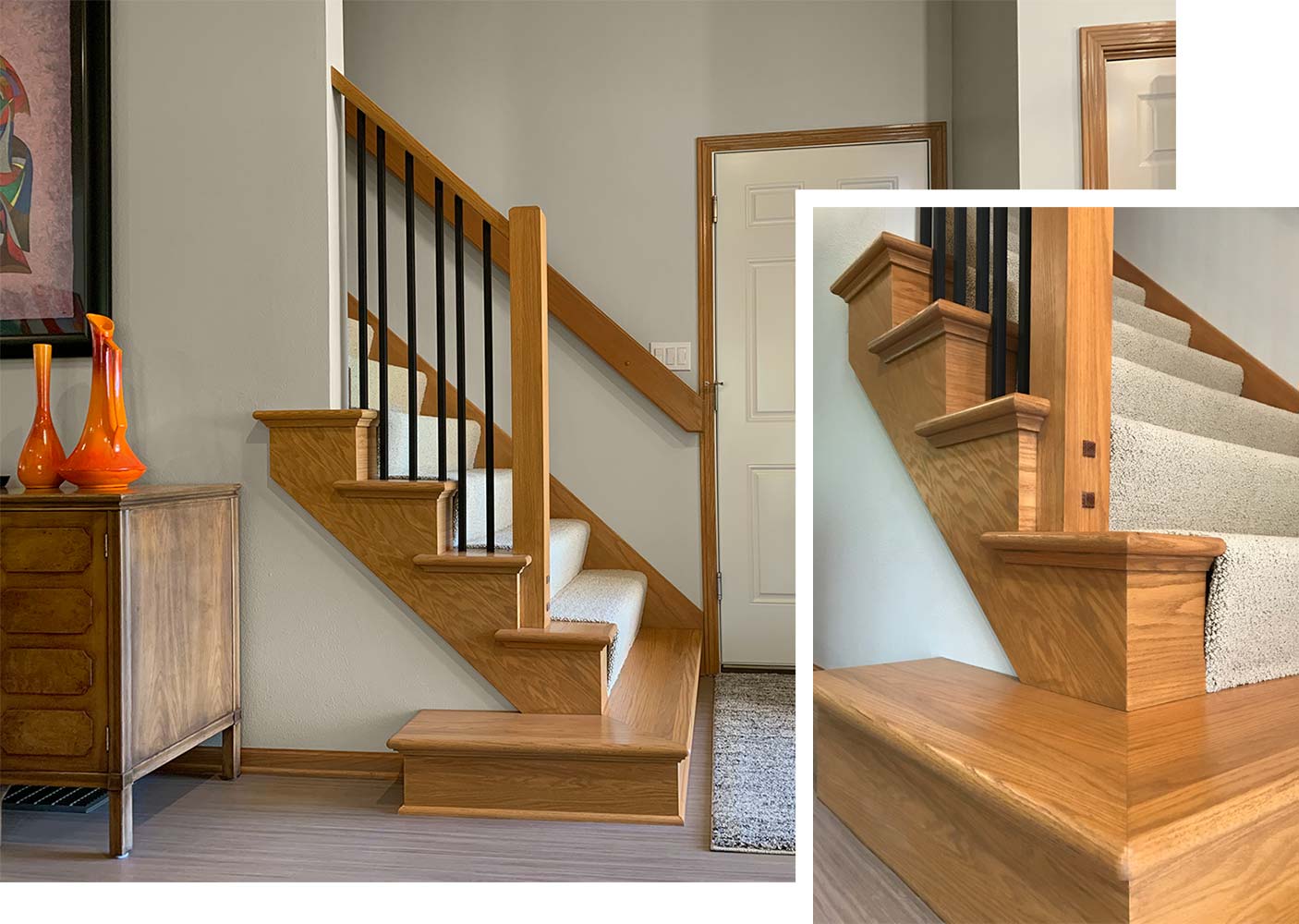 oak staircase remodel with wrought iron balusters and custom details