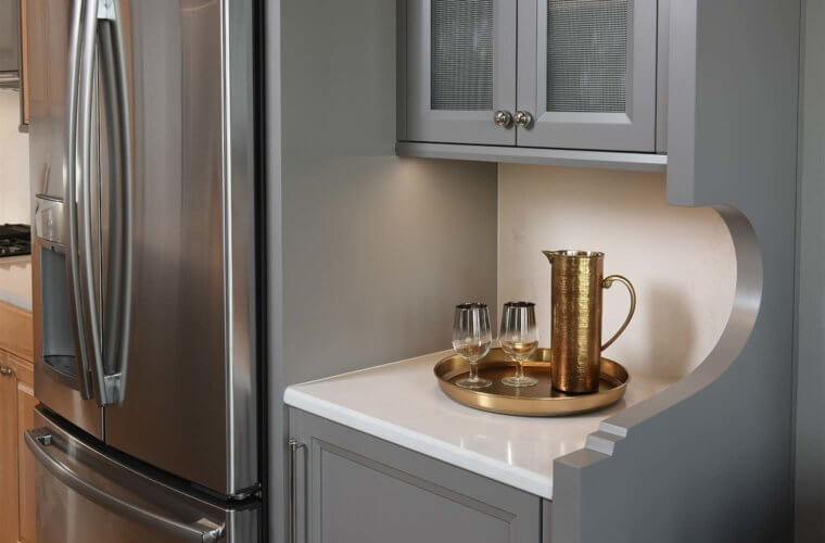 Art Deco remodel Des Moines loft kitchen by Silent Rivers half-hutch custom cabinet