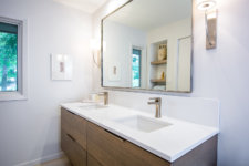 modern style white and wood Des Moines bathroom remodel by Silent Rivers
