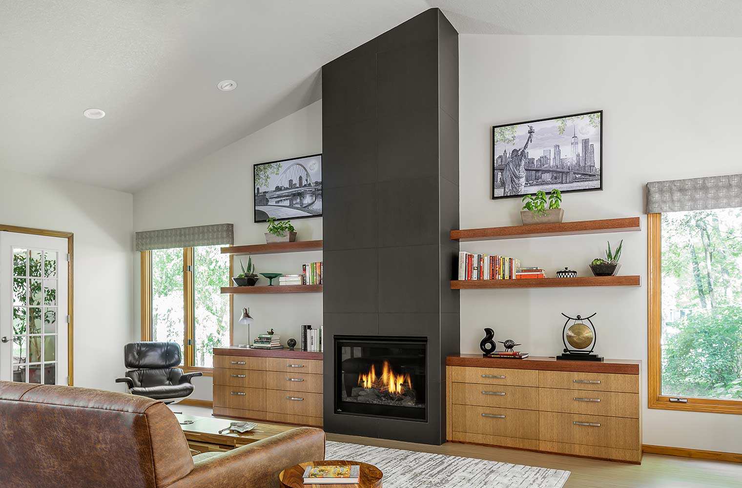 modern fireplace design idea with built-ins from Des Moines home remodel by Silent Rivers