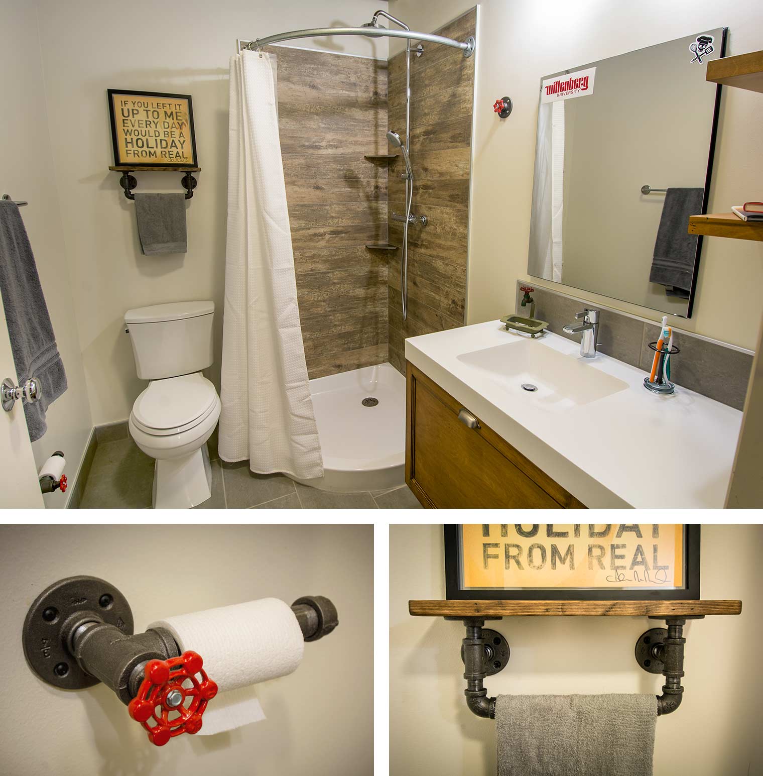 galvanized metal pipes as towel rack and toilet paper holder in Des Moines loft remodel by Silent Rivers