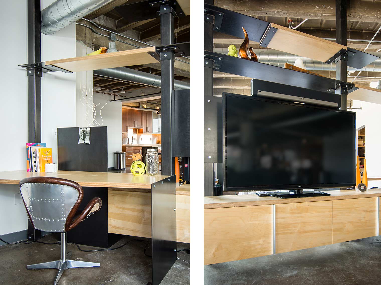metal and birch entertainment center desk divider in Des Moines loft by Silent Rivers
