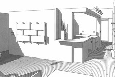 Design rendering of the new kitchen and living areas for a downtown Des Moines condo being remodeled by Silent Rivers