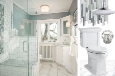 Collage of materials used in craftsman style Des Moines bathroom remodel by Silent Rivers